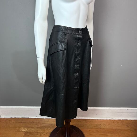 Banana Republic skirt 4 black faux leather a-line button up front midi retro - Picture 3 of 9
